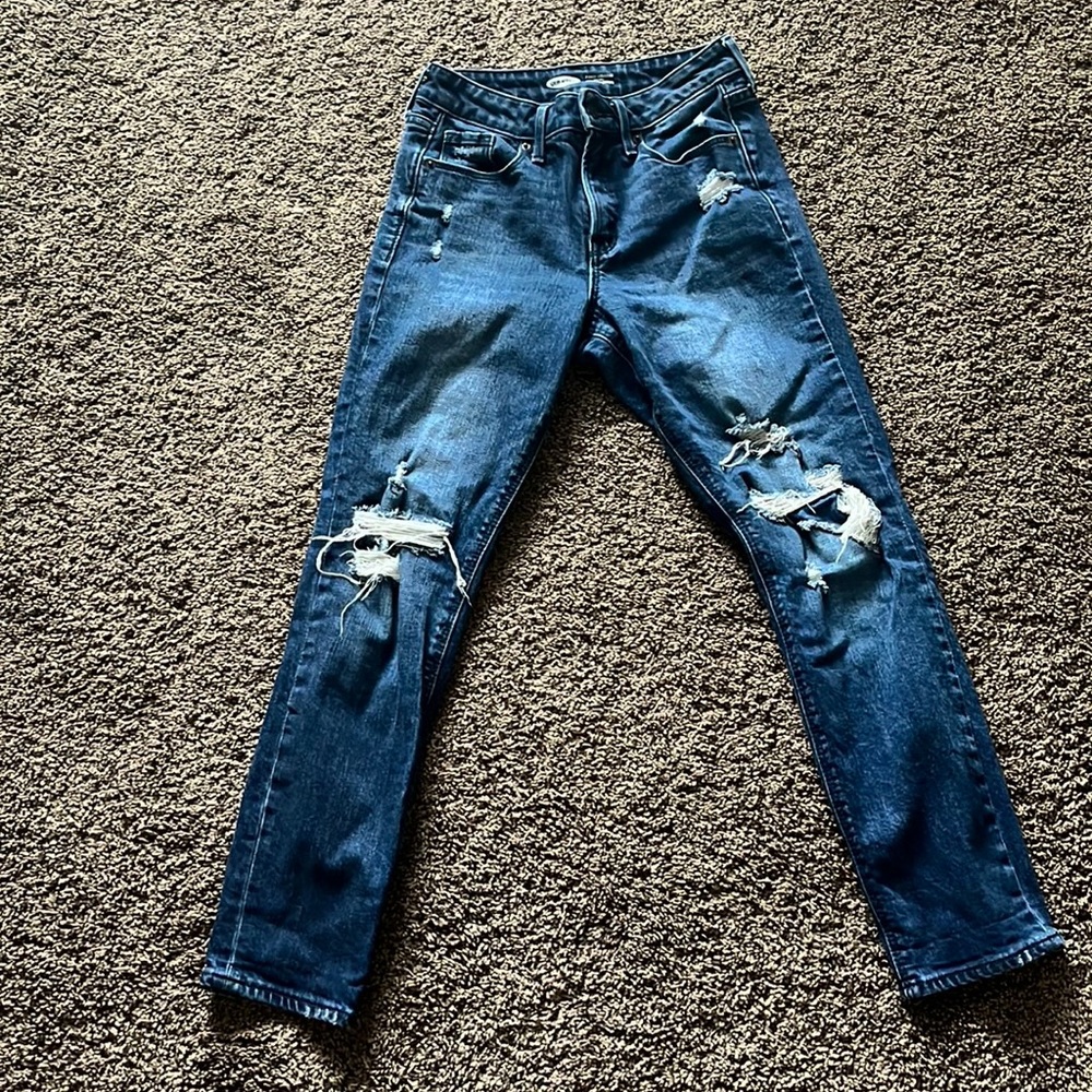 Old Navy Power High Rise Button Fly Slim Straight Distressed Denim Blue Jeans